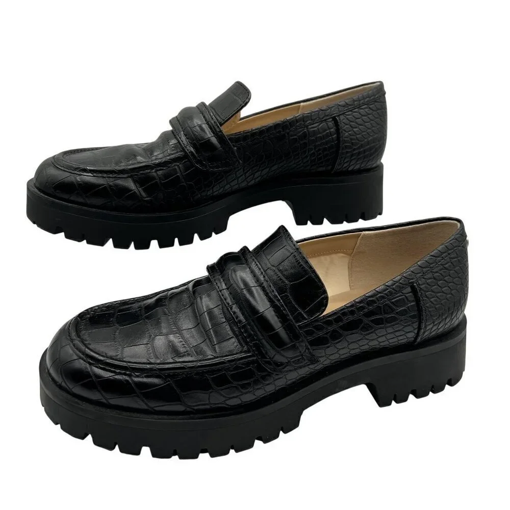 Nine West New Women 8.5 Black Croc-Embossed Chunky Lug Sole Slip On Loafers Y2K